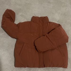 Winter Long Sleeve Zip/ Snap Brick Red Puffer Short Down Jacket  w/ Pockets